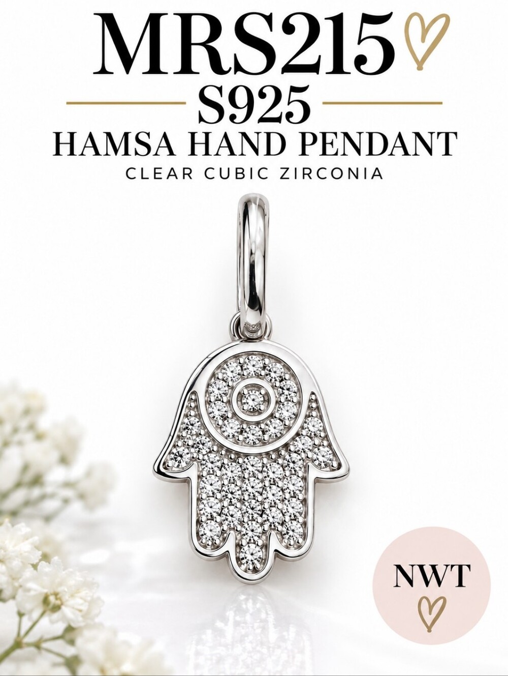 MRS215 S925 Sterling Silver Hamsa Hand Pendant w/ Clear Cubic Zirconia